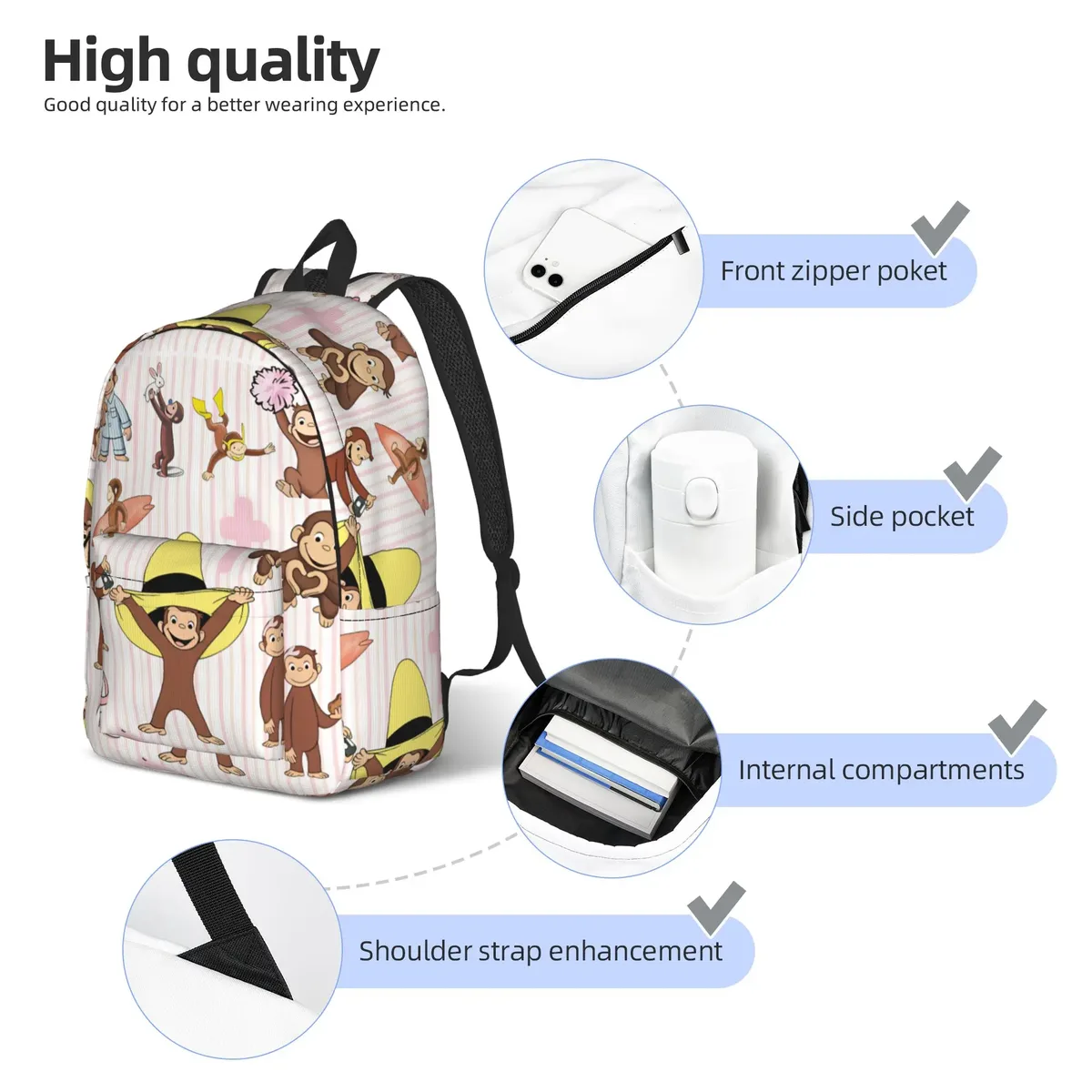 sac à dos multifonctionnel curious george, sacs à dos de trekking, sacs à dos colorés pour étudiants, sacs souples pour lycéens, style sac à dos