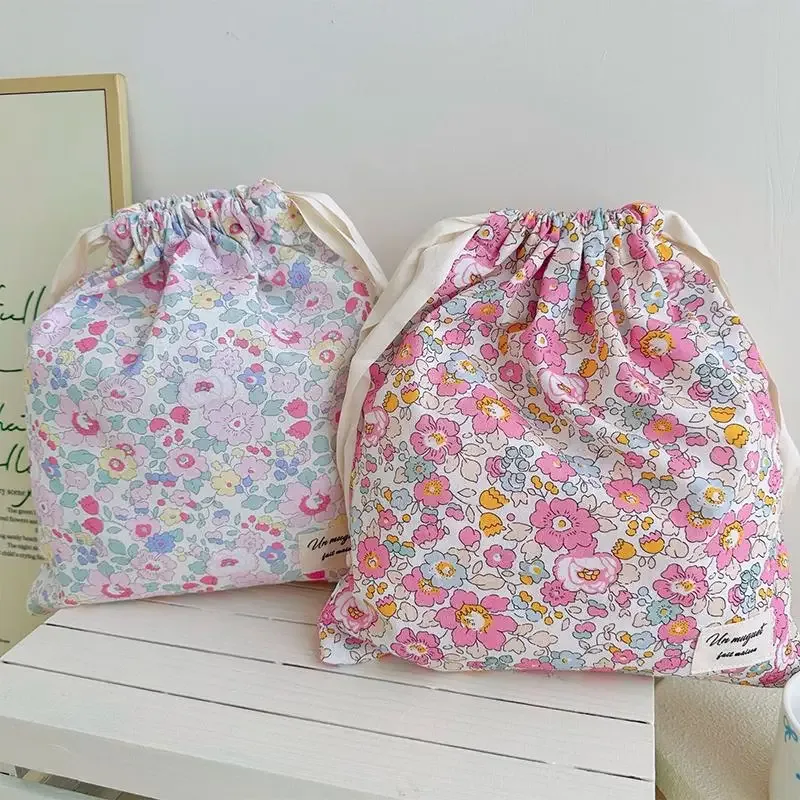 sac à cordon en coton floral fait à la main, pochette de rangement vintage, organisateur de maquillage écologique pour voyage, 1 pièce