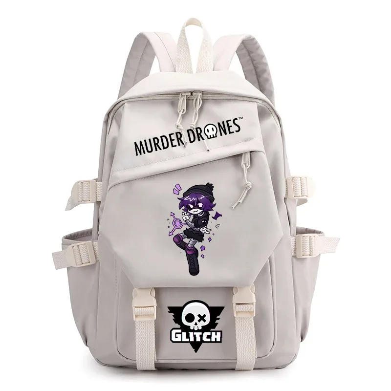 sac dos nylon dessin animé fille guitare murder drones glitch crâne hexagonal gris noir rose vert pastel bandoulière arcuée fermeture éclair usage voyage école
