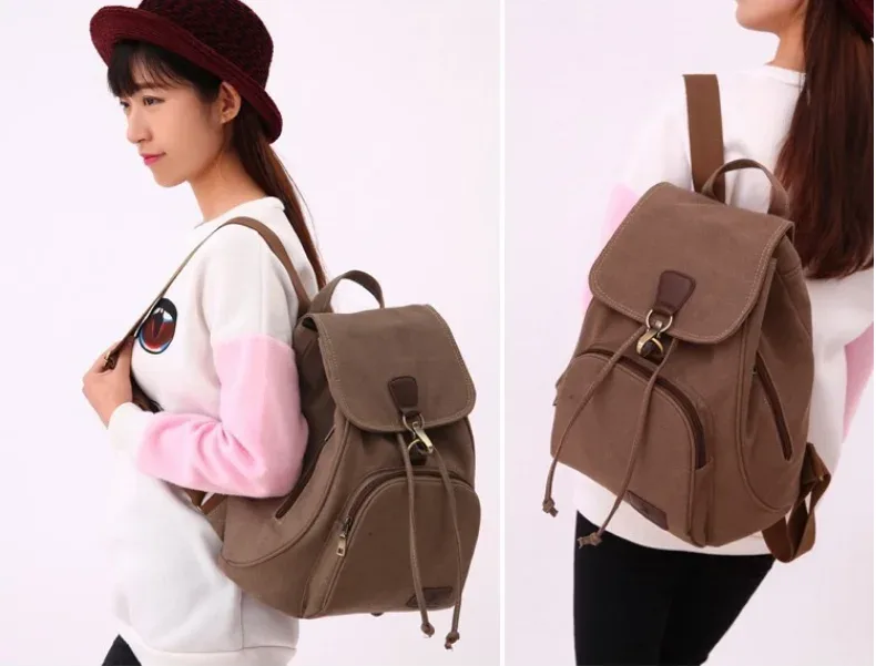 sac dos toile femelle polyester poche intérieure zippée bandoulière arquée style preppy couleur marron clair capacité 20 35 litres