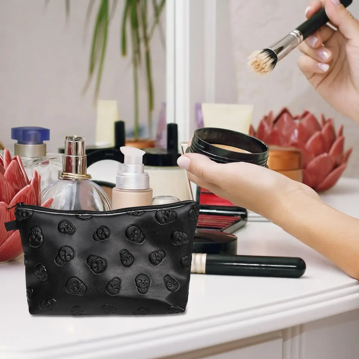 sac à cosmétiques en cuir pu imperméable, 1 pièce, sac de rangement pour maquillage, organisateur de voyage pour cosmétiques, trousse de toilette, noir