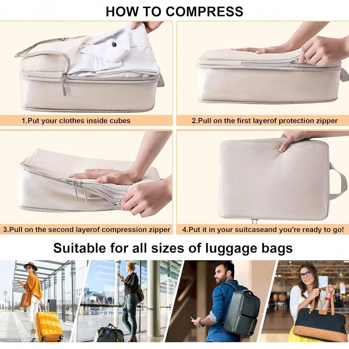 organisateur voyage polyester beige compartiments chaussures compression dépliage économie espaces pliage sac déplacement usage six pièces