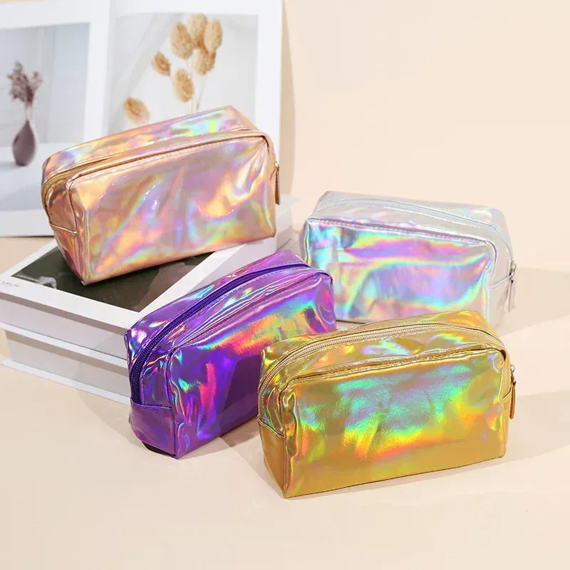 sac de maquillage laser de couleur unie, sac de rangement de lavage de voyage portable, sac de rangement de cosmétiques de toilette de grande capacité à la mode