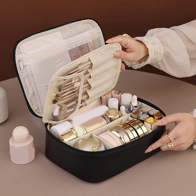 sac de maquillage de voyage double couche en cuir pu pour femmes, sac de rangement portable de grande capacité, sac de voyage étanche à fermeture éclair