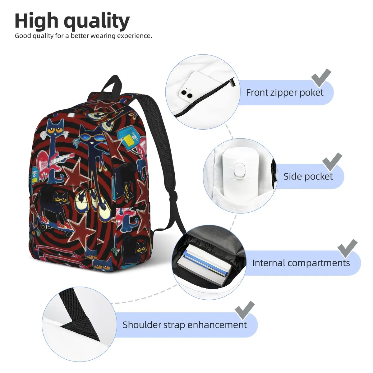 sac à dos pete le chat et ses chaussures blanches, sacs à dos d'entraînement unisexes en polyester, légers et élégants, sacs à dos pour lycée