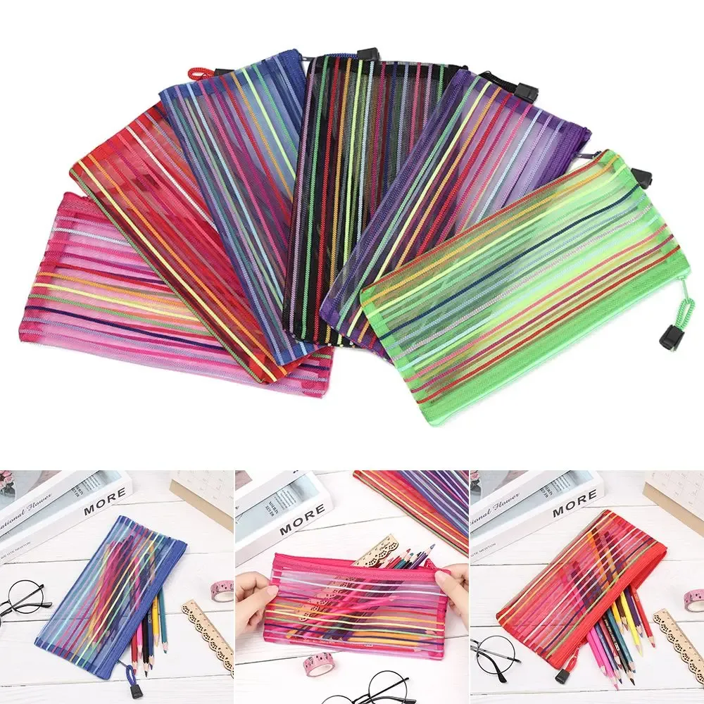 pochette rangement crayons polyester transparent rayures arc ciel fermeture glissière voyage cosmétiques stylos maquillage