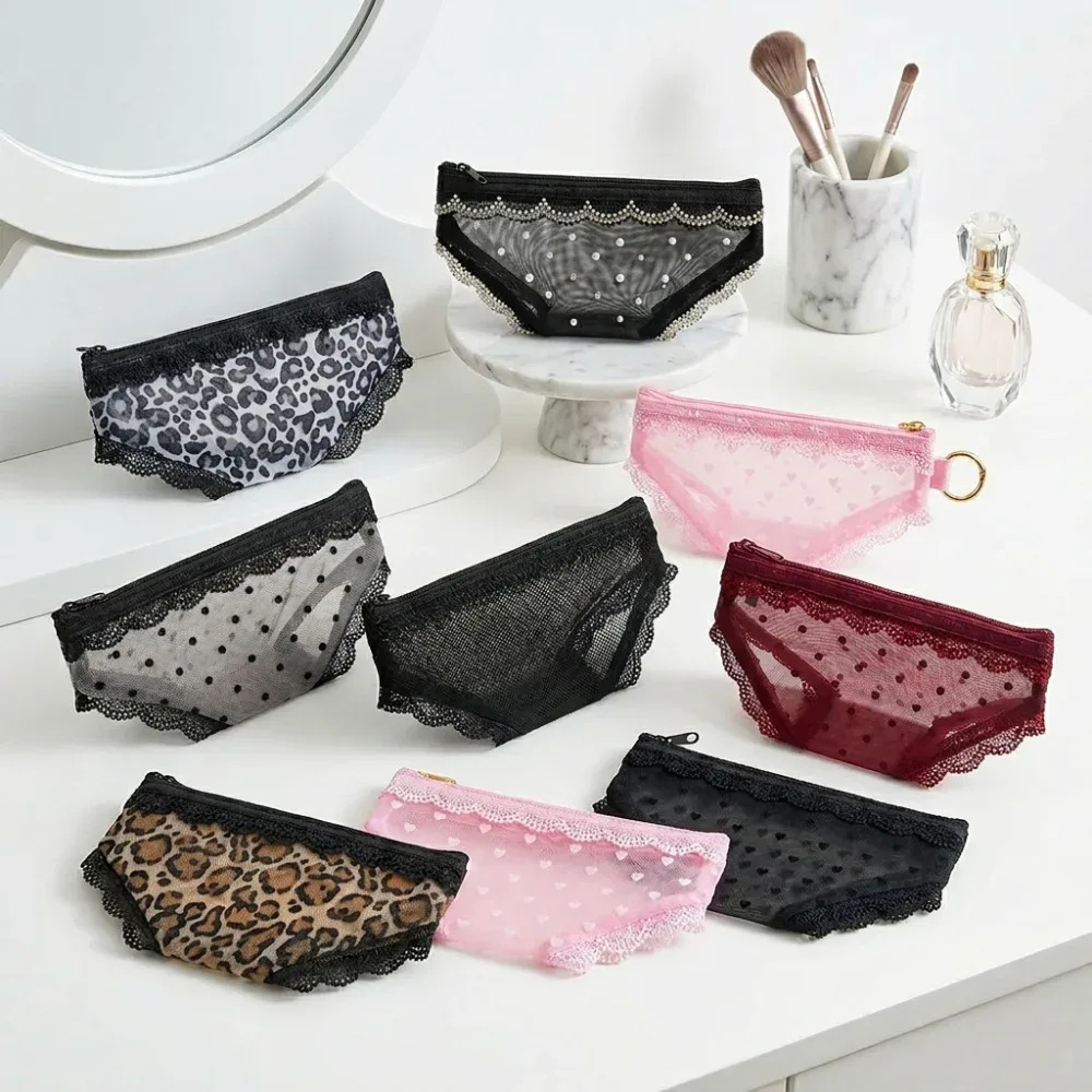 nouvelle trousse de toilette transparente en maille avec dentelle en forme de cœur y2k pour le rangement de maquillage et de cosmétiques en voyage