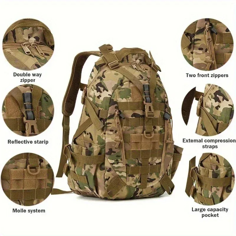 sac dos nylon camouflage vert marron beige grande taille poches molle survie voyage sport aventure