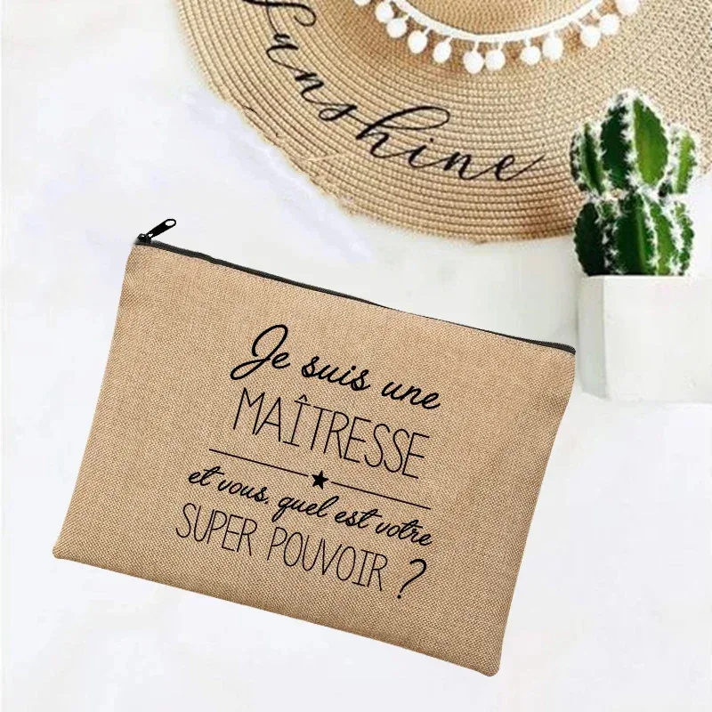 cadeau maitresse école cadeau maitresse trousse de maquillage sacs de maquillage en lin merci professeur impression française simple bracelet pochette plage papeterie stockage voyage organisateur étui cadeaux