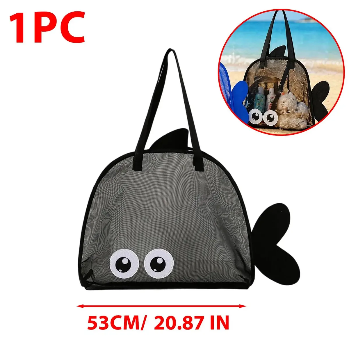 sac de plage en filet, forme de poisson mignon, grande capacité, séchage rapide, sac fourre-tout en filet pour la piscine, la collecte de coquillages, pliable et léger
