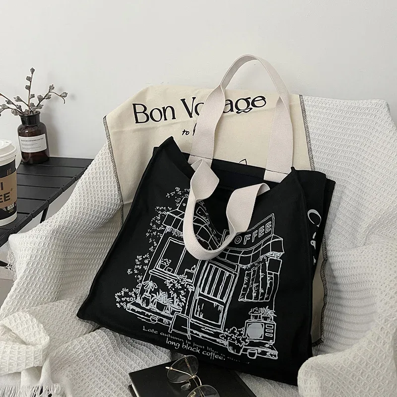 Femmes toile sac à bandoulière café maison sacs à provisions noir épais coton sac à main étudiant livres fourre-tout femme Shopper tissu sac à main