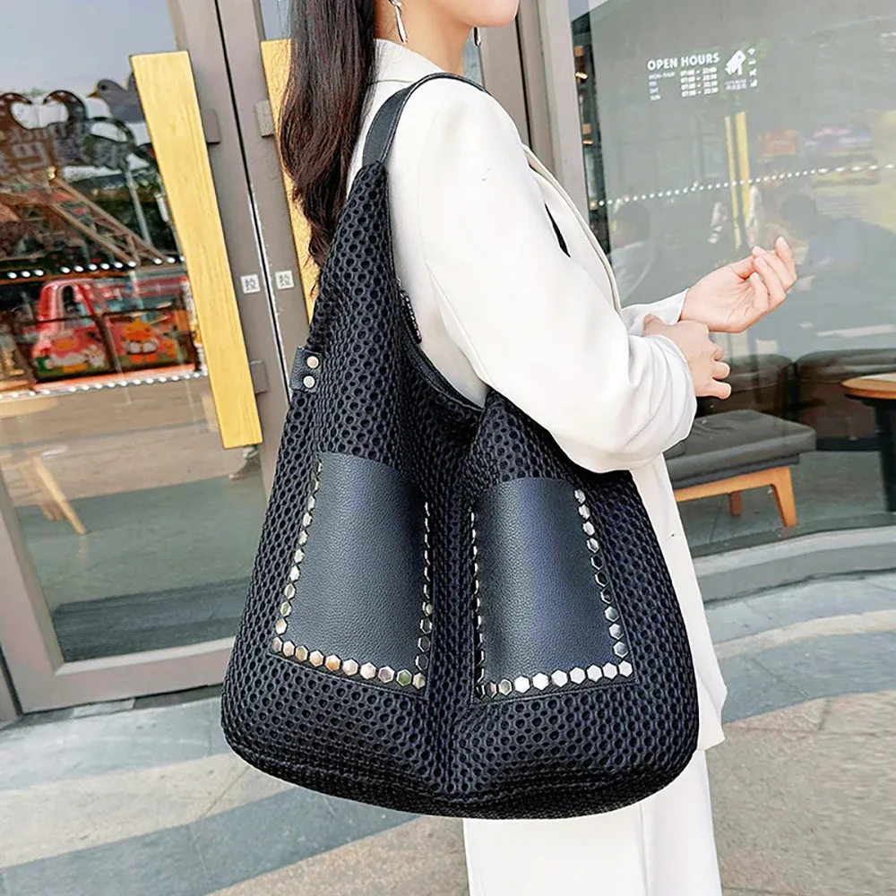 femmes fourre-tout sac style européen rivet conception évider sacs à bandoulière été en plein air décontracté grande capacité sac à bandoulière
