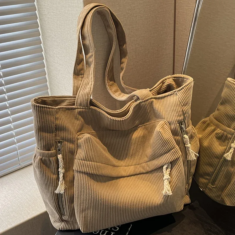 sac fourre-tout en velours côtelé grande capacité pour femme, sac à main multi-compartiments robuste, sac à bandoulière avec sangle fixe et fermeture éclair