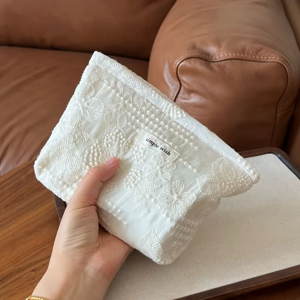 élégante trousse de maquillage blanche en dentelle, étanche, avec fermeture éclair, multi-usage, pour rouge à lèvres, écouteurs, rangement de voyage