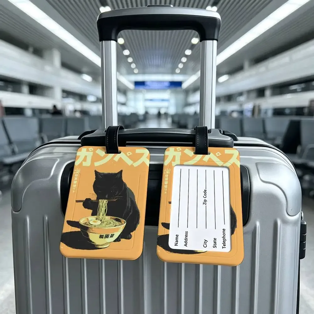 chat japonais mangeant des nouilles, étui pour carte d'information en toile imperméable, étiquette de bagage en pvc, identifiant anti-perte pour valise et sac à main