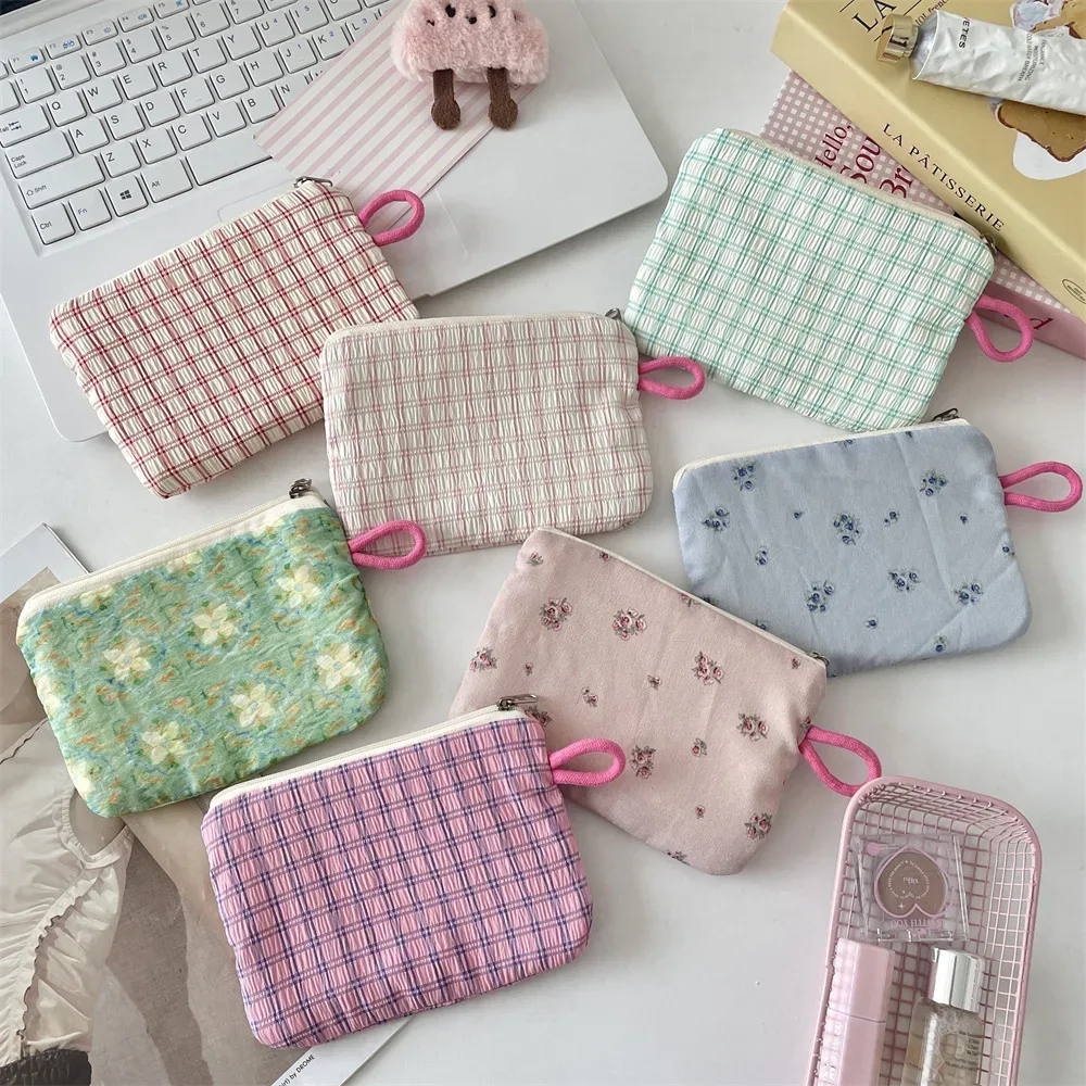 petit plaid voyage cosmétique rouge à lèvres clé carte câble de données sac de rangement portable femmes maquillage sacs à main portefeuille pochette sacs organisateur