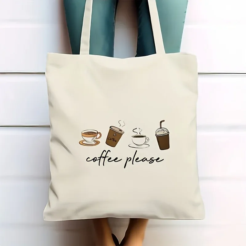 un sac à bandoulière imprimé avec la mention « coffee please », motif de quatre tasses de café, impression minimaliste de latte, de tasses à emporter et de café glacé.
