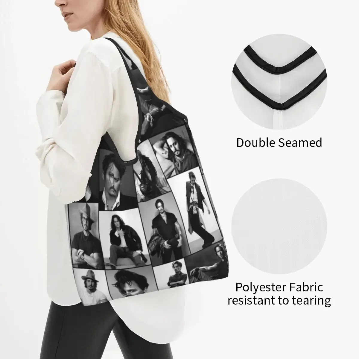 ripstop-sac à provisions réutilisable avec collage johnny depp, sacs fourre-tout d'épicerie, sacs de bungalow de grande capacité, sac à main lavable