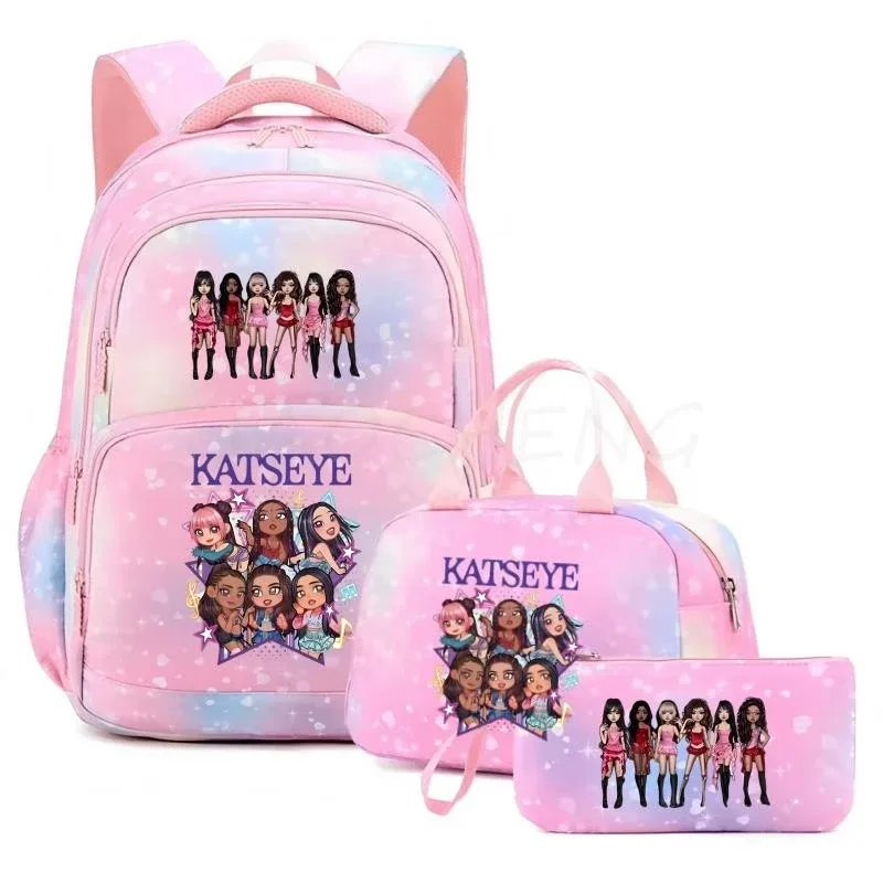 sac à dos katseye pour femmes, 3 pièces/ensemble, sac d'école pour étudiants, grande capacité, sac de voyage en plein air, sac d'école pour étudiants avec dessin animé