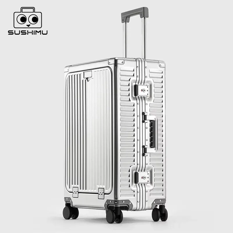 SUSHIMU bagage en alliage d'aluminium-magnésium de 20 pouces avec ouverture avant, valise trolley, valise à main, voyage en métal