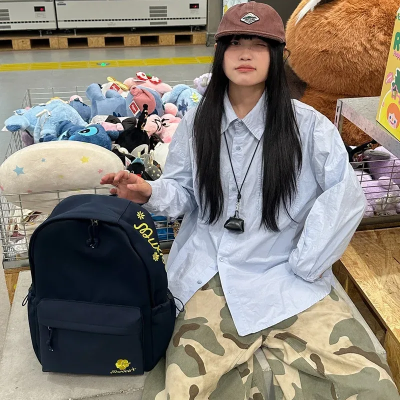 sac à dos noir minimaliste pour femmes, sac d'école décontracté avec broderie florale pour étudiants, utilisation quotidienne, voyage