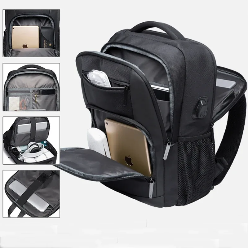 sac dos oxford université noir poches latérales port usb polyester intérieur informatique étanche bandoulière arquée jacquard style décontracté