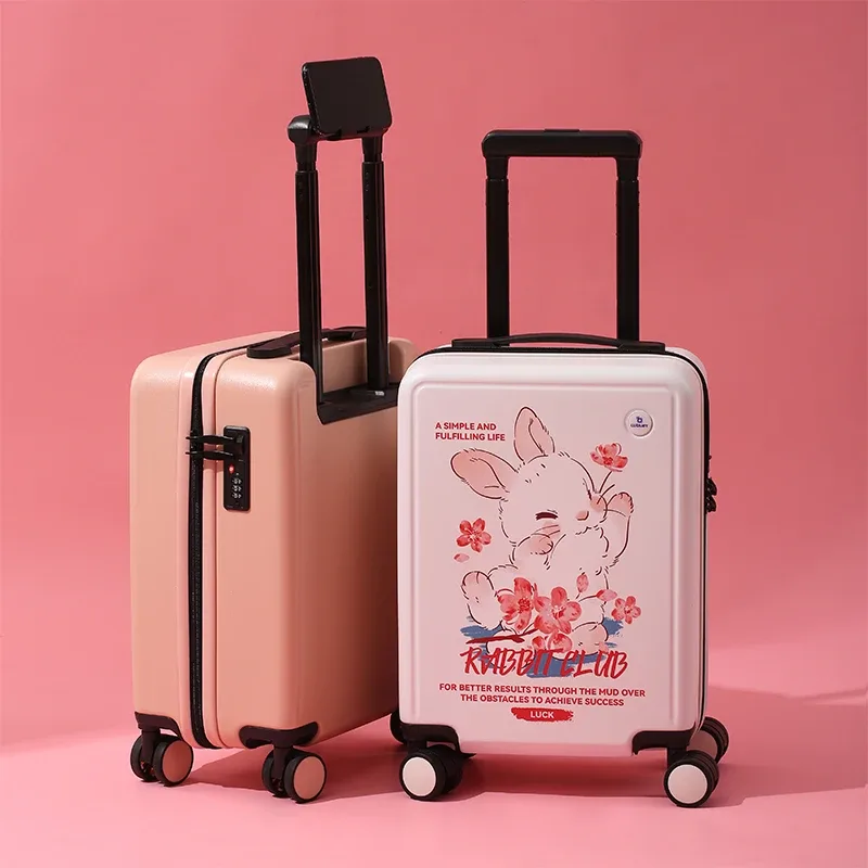 valise plastique abs beige noir gris lapins fleurs roses voyage école enfants toupie roulettes poignées