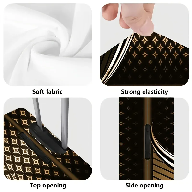 housse de bagage géométrique noire et dorée – un accessoire de voyage extensible conçu pour les valises à roulettes, adapté aux valises de 18 à 32 pouces.