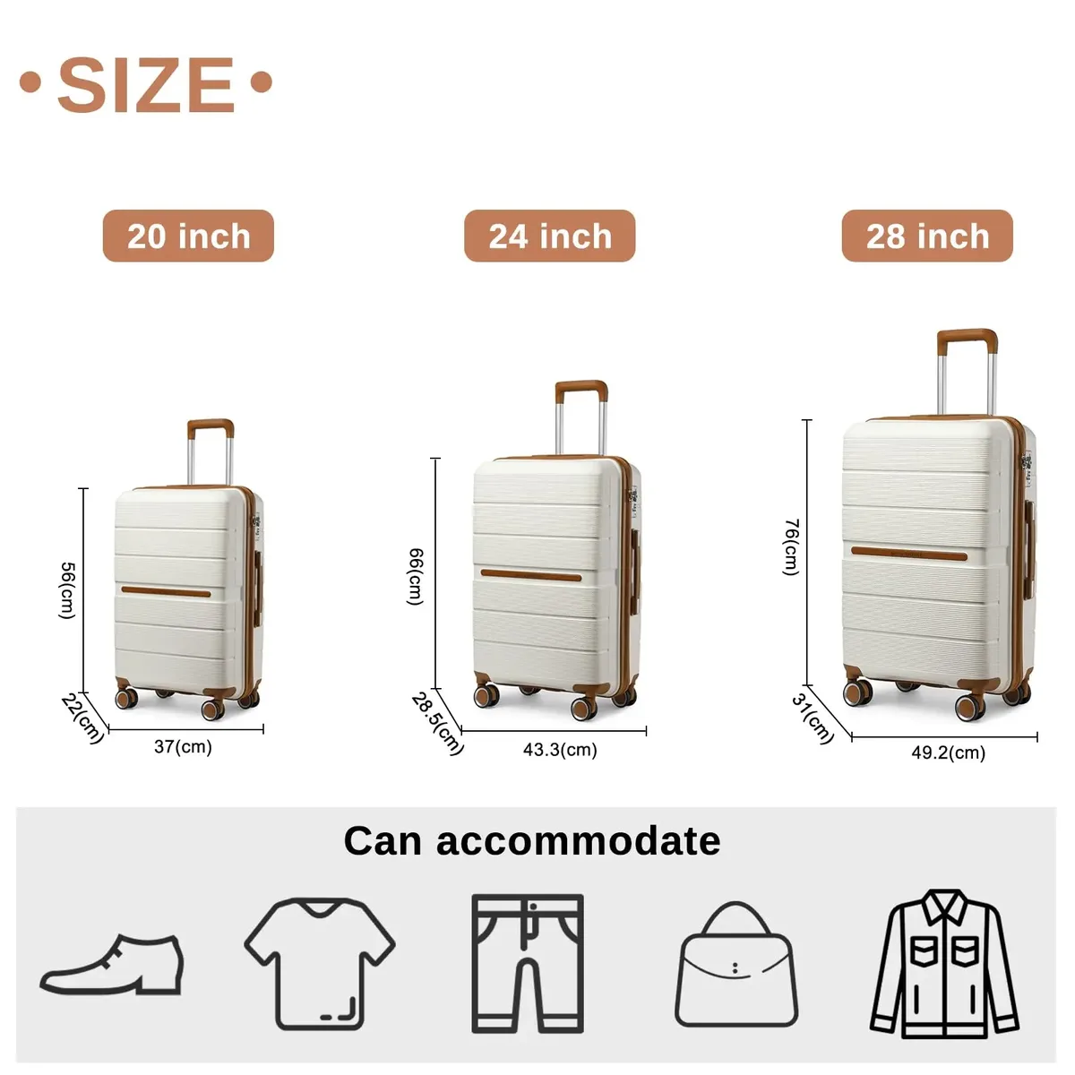 valise rigide de voyage britannique, bagage à main, matériau 100% pp, 8 roues tournantes, serrure tsa, beige, chariot