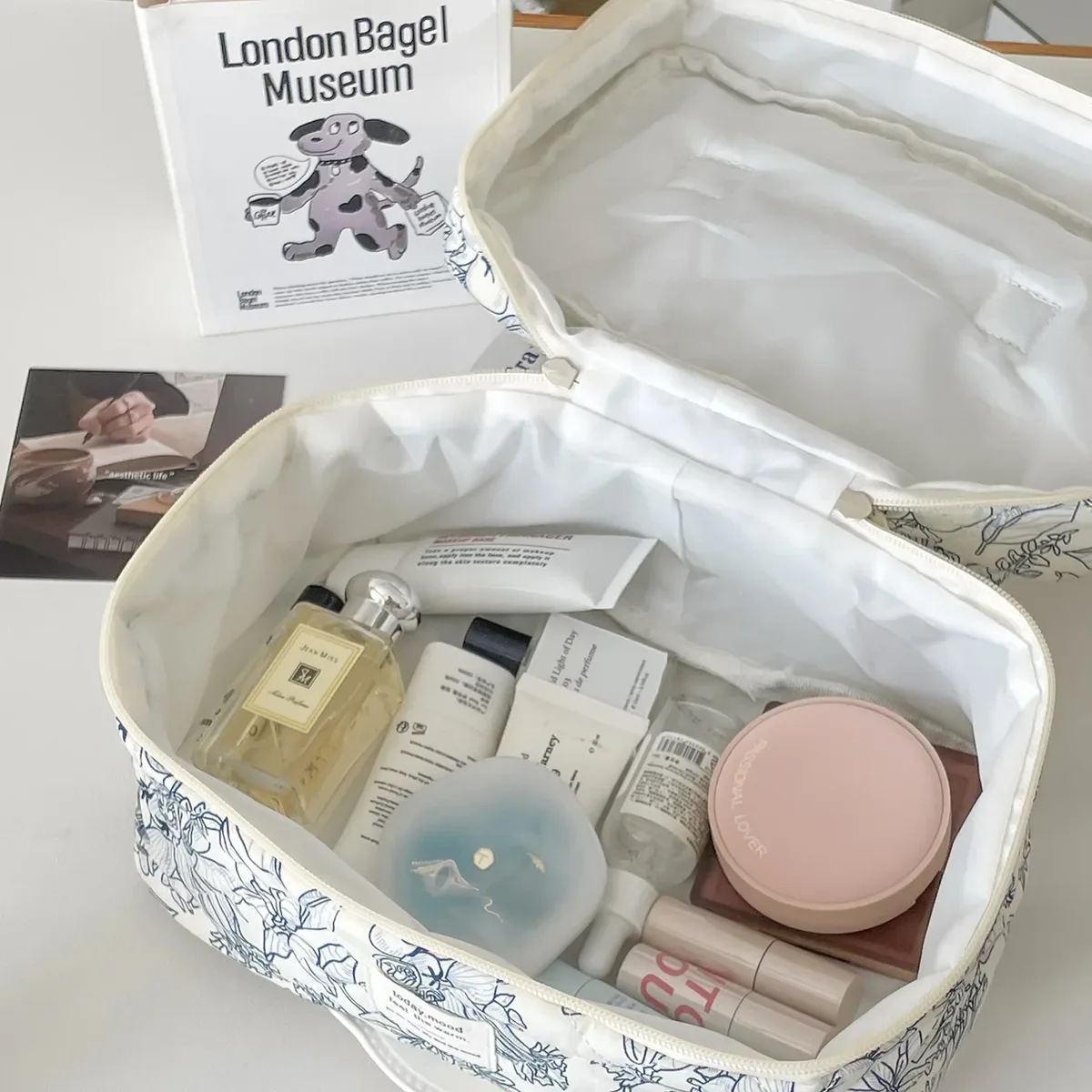 sac à cosmétiques à fermeture éclair pour femmes, organisateur de fleurs, sac de maquillage en coton matelassé, sac à main en tissu, trousse de toilette portable, voyage pour filles