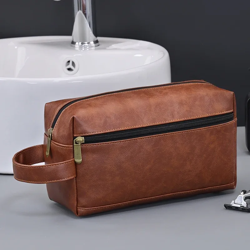 sac à cosmétiques en cuir pour hommes, voyage d'affaires, rasage, trousse de toilette portable, organisateur de grande capacité, sac de lavage à main
