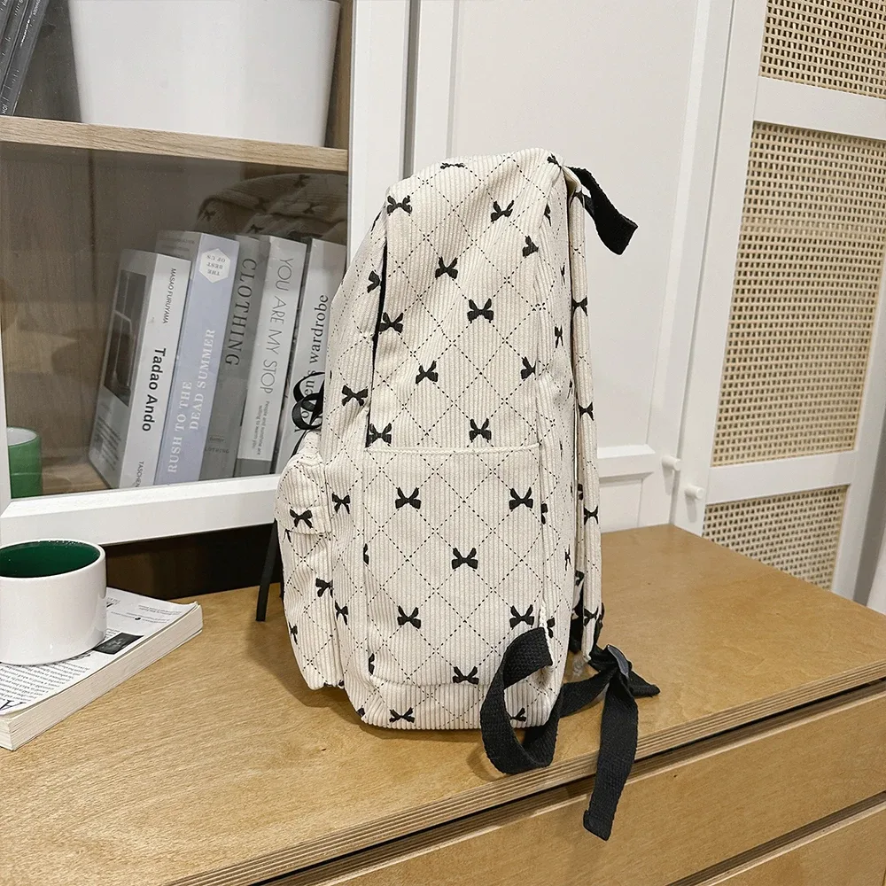 sac à dos de loisirs en velours côtelé avec nœud, grande capacité, style universitaire, pour le printemps et l'été, idéal pour les trajets quotidiens