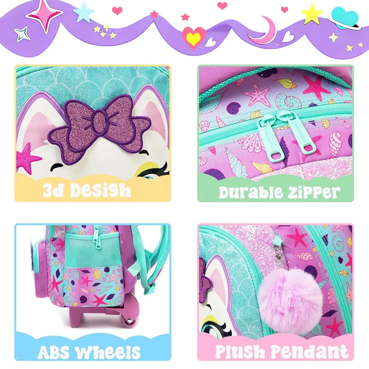 sac à dos roulant pour filles, valise de voyage pour enfants avec roulettes, bagage à main avec animaux mignons pour élèves du primaire, sac à roulettes pour enfants