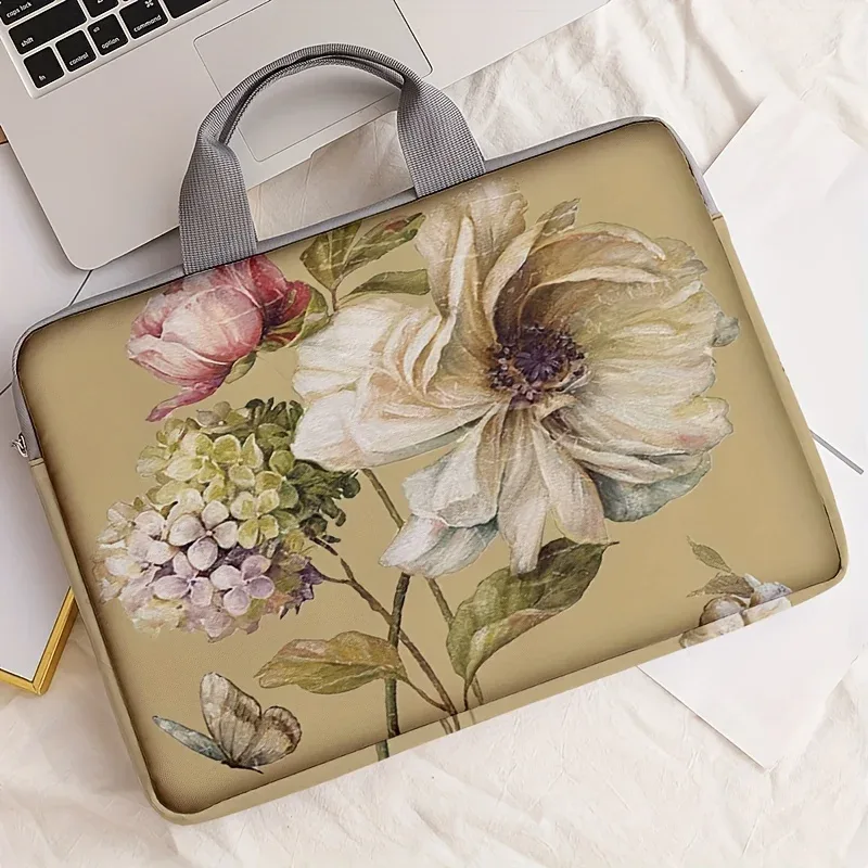 housse polyester motif floral fleurs roses blanches feuilles vertes papillons beige poignée grise protection ordinateur portable voyage