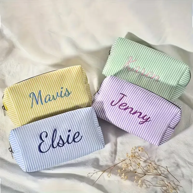 【nom personnalisé】trousse de toilette de voyage rayée, trousse à maquillage zippée - broderie de nom personnalisée, sac de rangement cosmétique portable en polyester, adapté pour les voyages, l'école, le dortoir ou la maison, un indispensable pour le dortoir |     design amusant |     fermeture éclair durable, trousse de toilette de voyage