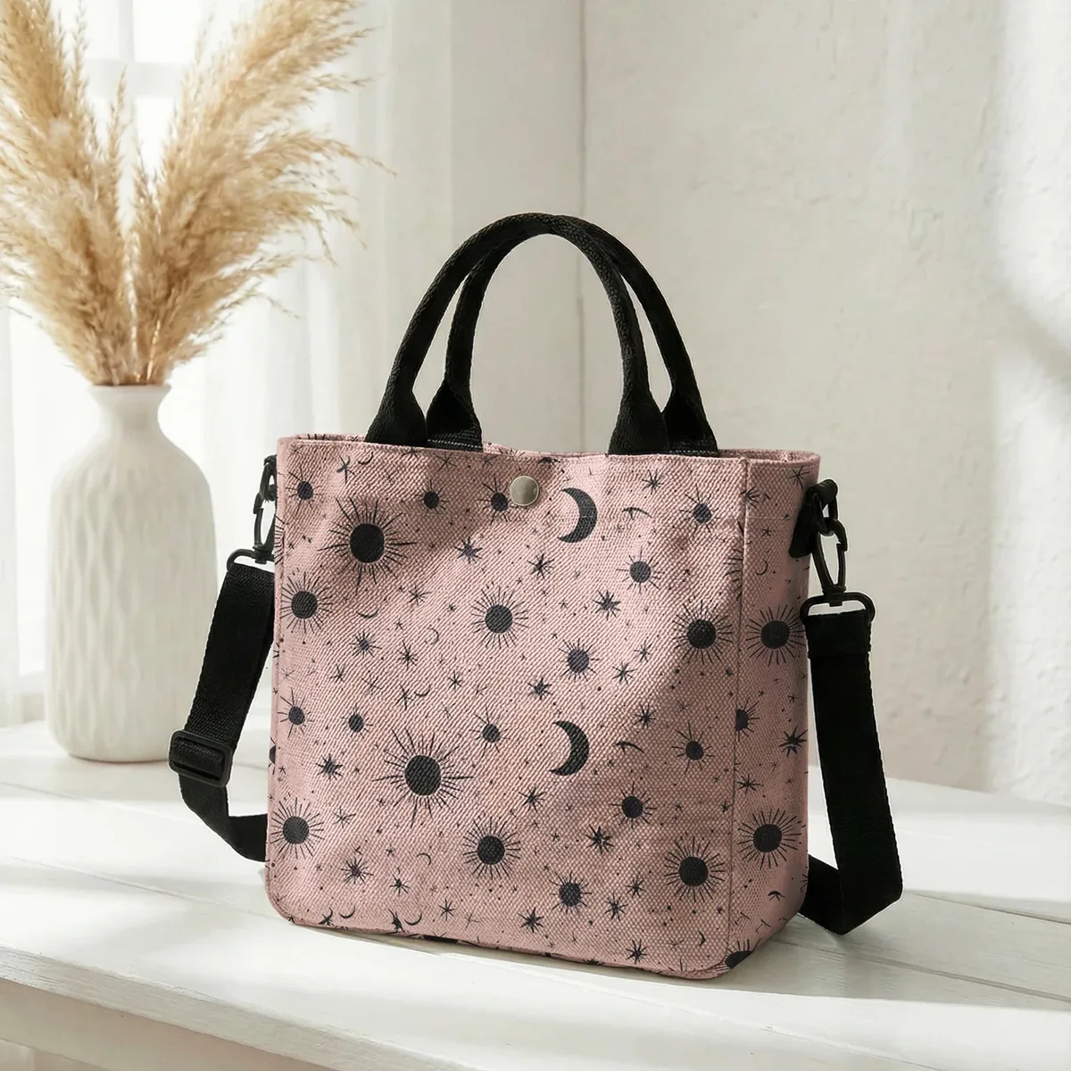 sac fourre-tout violet imprimé soleil, lune et étoiles, avec bandoulière amovible, sac à main pour femme, pour les courses quotidiennes