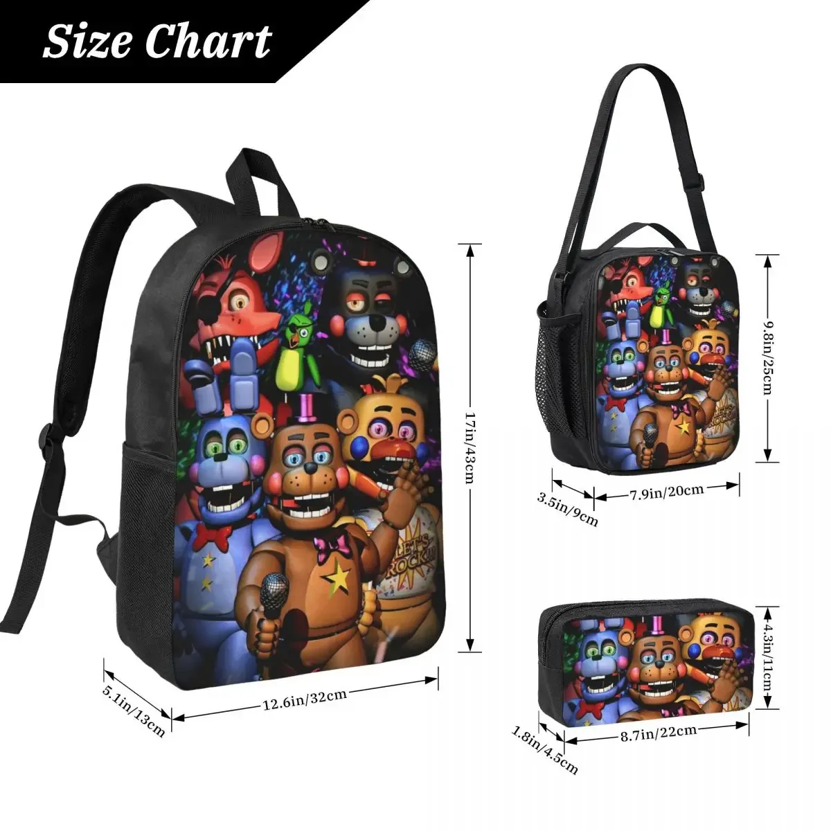sac dos polyester animaux animatronics personnages série five nights at freddy noir sac lunch assorti bandoulières compartiment latéral grande capacité voyage
