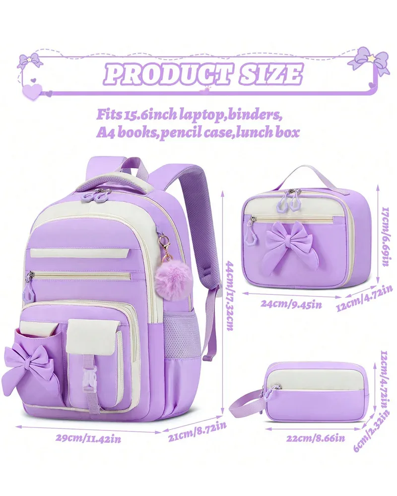 ensemble de 3 sacs à dos scolaires élémentaires grande capacité mignons pour filles du collège avec trousse et boîte à lunch