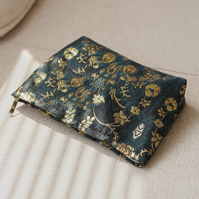 trousse de maquillage pour femmes, imprimé noble, fleurs dorées, grande capacité, rouge à lèvres, coussin d'air, sac de rangement, trousse de toilette de voyage portable