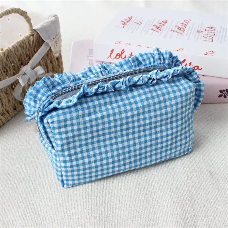 pochette de maquillage à franges en tissu gingham, style coréen, grande capacité, portable, trousse de toilette de voyage pour filles et femmes