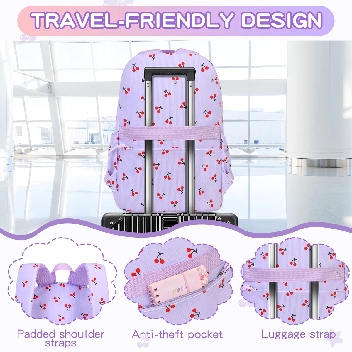 sac à dos d'école pour filles, motif cerise, sac à dos en velours côtelé pour écolière primaire, sac à livres pour enfants, sac à déjeuner, trousse à crayons, 3 pièces/ensemble