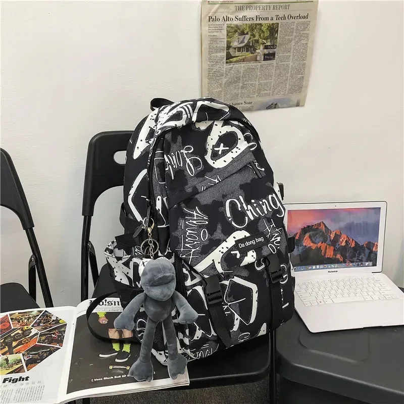 sac dos toile polyester camouflage géométrique brodé ceinture air black white blue voyage décontracté