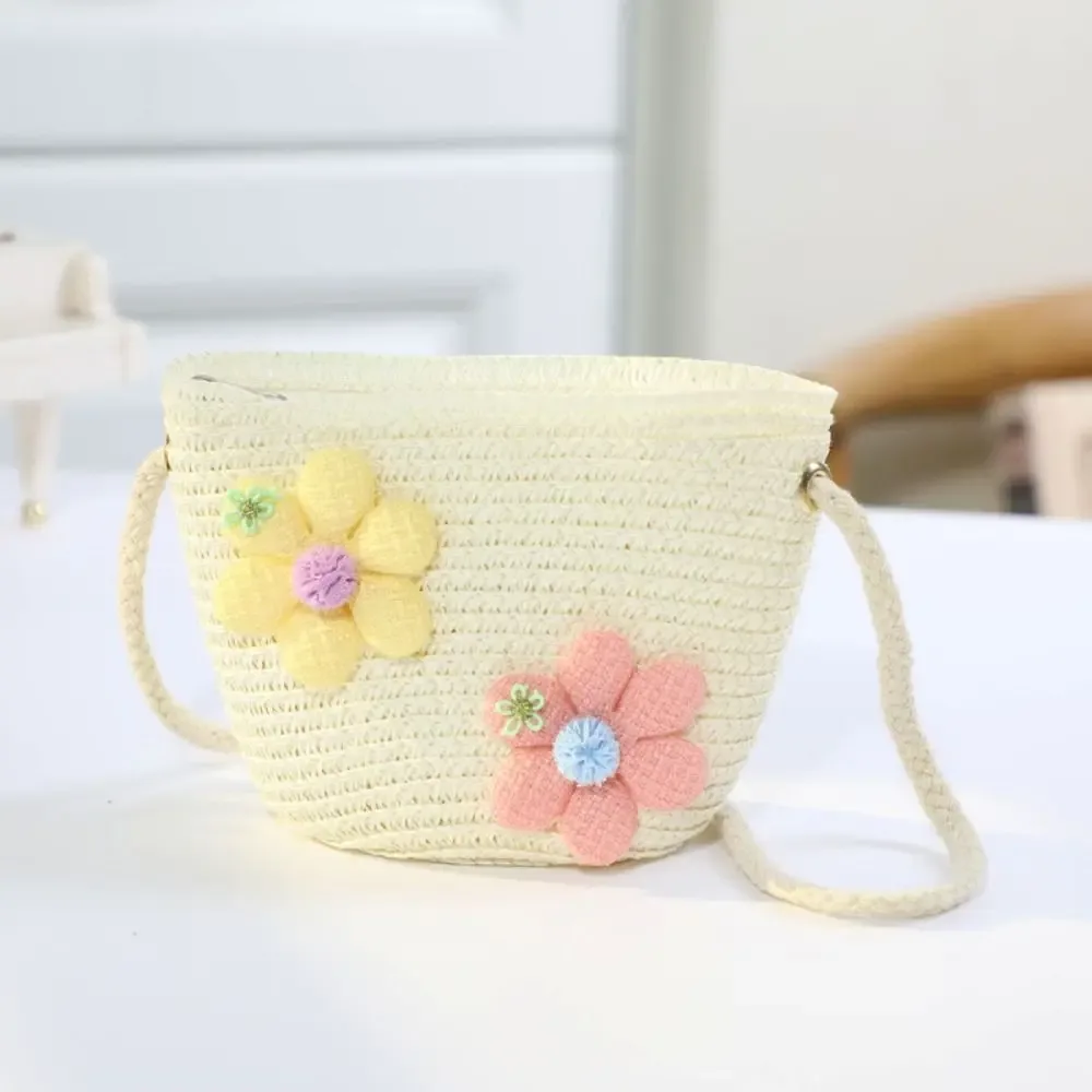 sac à main en paille tissé à la main pour fille, porte-monnaie à fleurs, sacoches à fermeture éclair pour enfant, accessoires photo, panier de rangement, sac à main à bandoulière