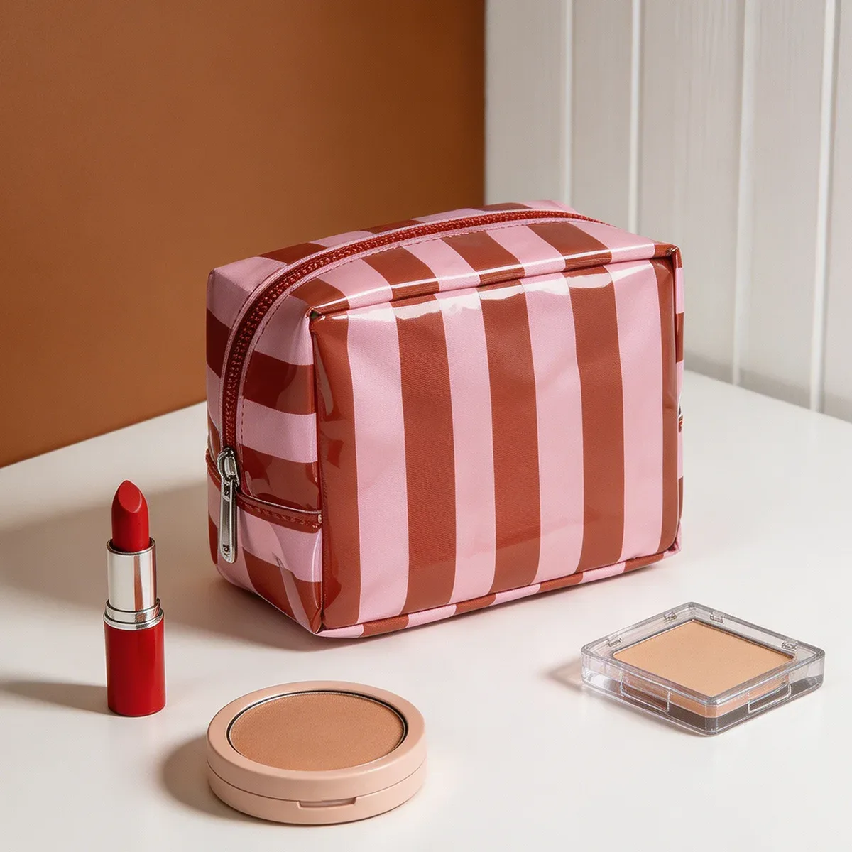 trousse de toilette de voyage portable rayée tendance, organisateur de maquillage étanche en forme de boîte, sac de maquillage