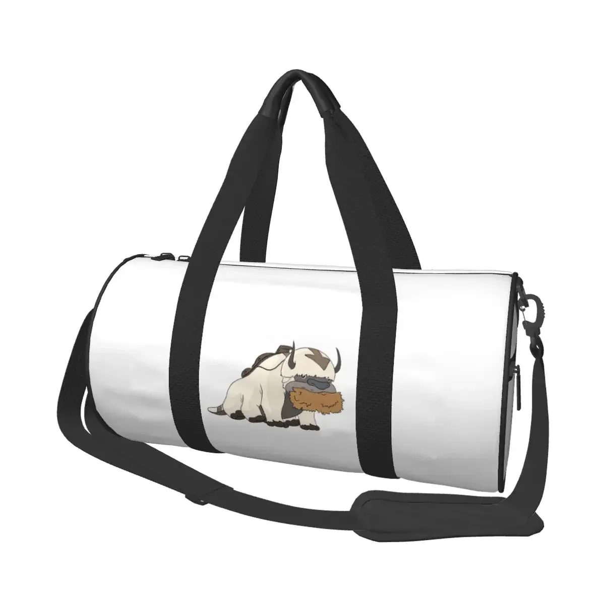 sac voyage polyester motif bœufs stylisés poignée amovible bande épaule usage week end sport cylindrique durabilité