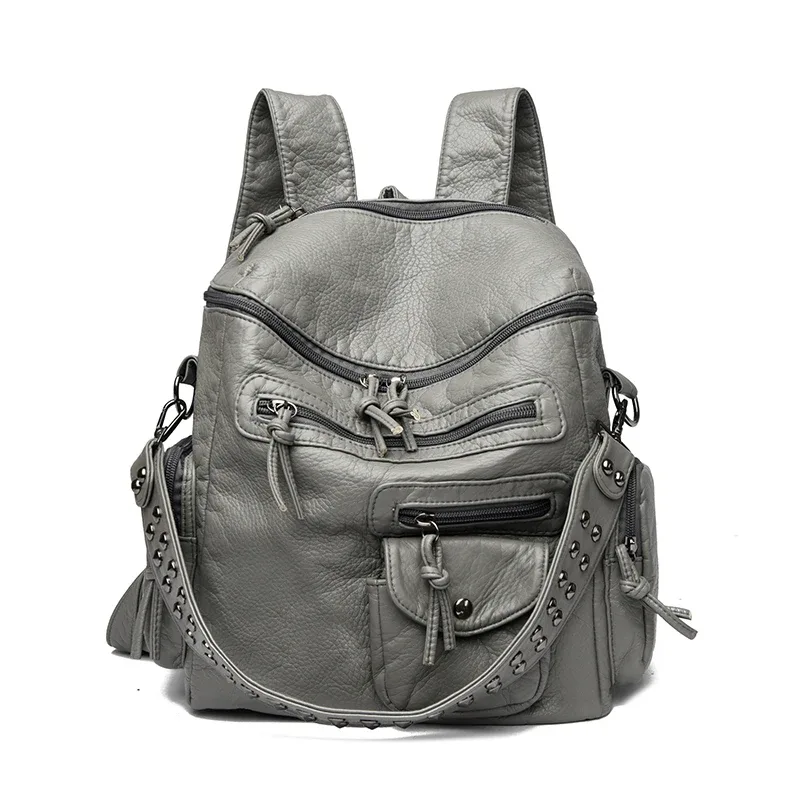 sac dos cuir matière similaire noir bleu gris marron poches multiples rivets dorés décontracté imperméable voyage école collège