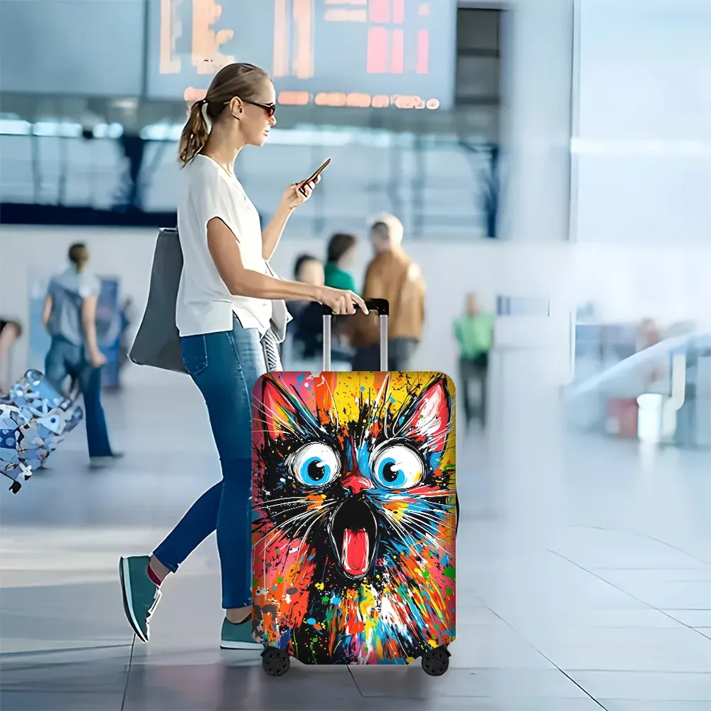 housse valise polyester visage chat motifs couleurs jaunes rouges bleues noires forme rectangulaire protection voyage