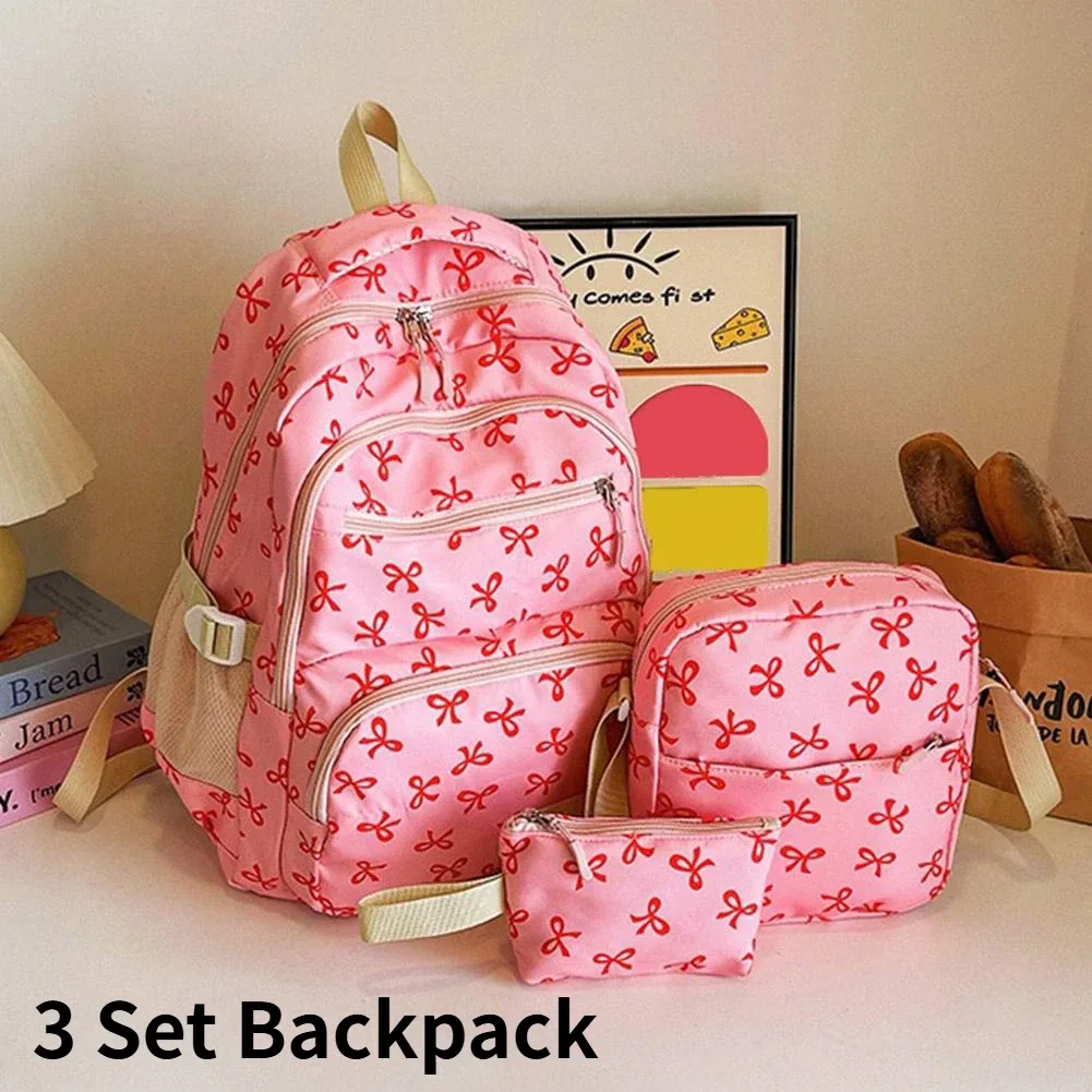 Sac Dos Nylon Nœuds Roses Blanc Fonctionnel Grande Capacité Accessoires Étudiants Femmes Voyager Quotidien