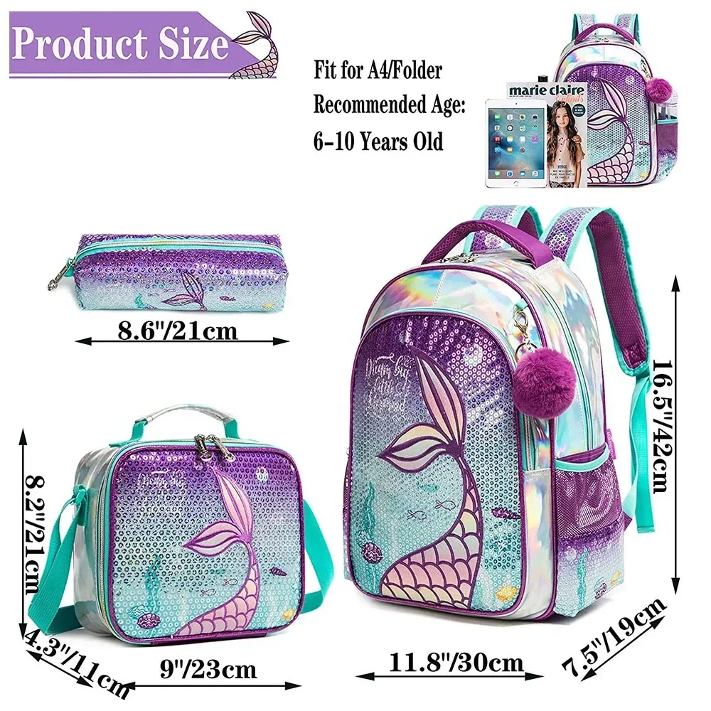sac à dos d'école bikab pour filles, sac à dos à paillettes de 16 pouces avec boîte à lunch, ensemble de sacs pour fournitures scolaires pour femmes et filles