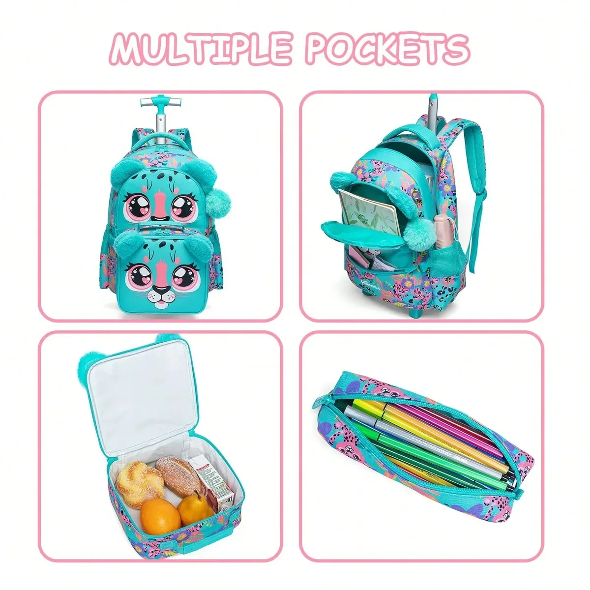 sac à dos roulant 3 pièces pour filles, avec roulettes pour élèves du primaire, sac à bagages à main 3 en 1, valise de voyage pour enfants